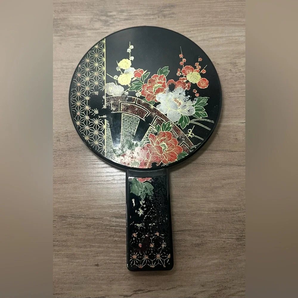 Vintage Otagiri Nesting Floral Hand Mirror Handles Black Lacquer 6” Diameter.